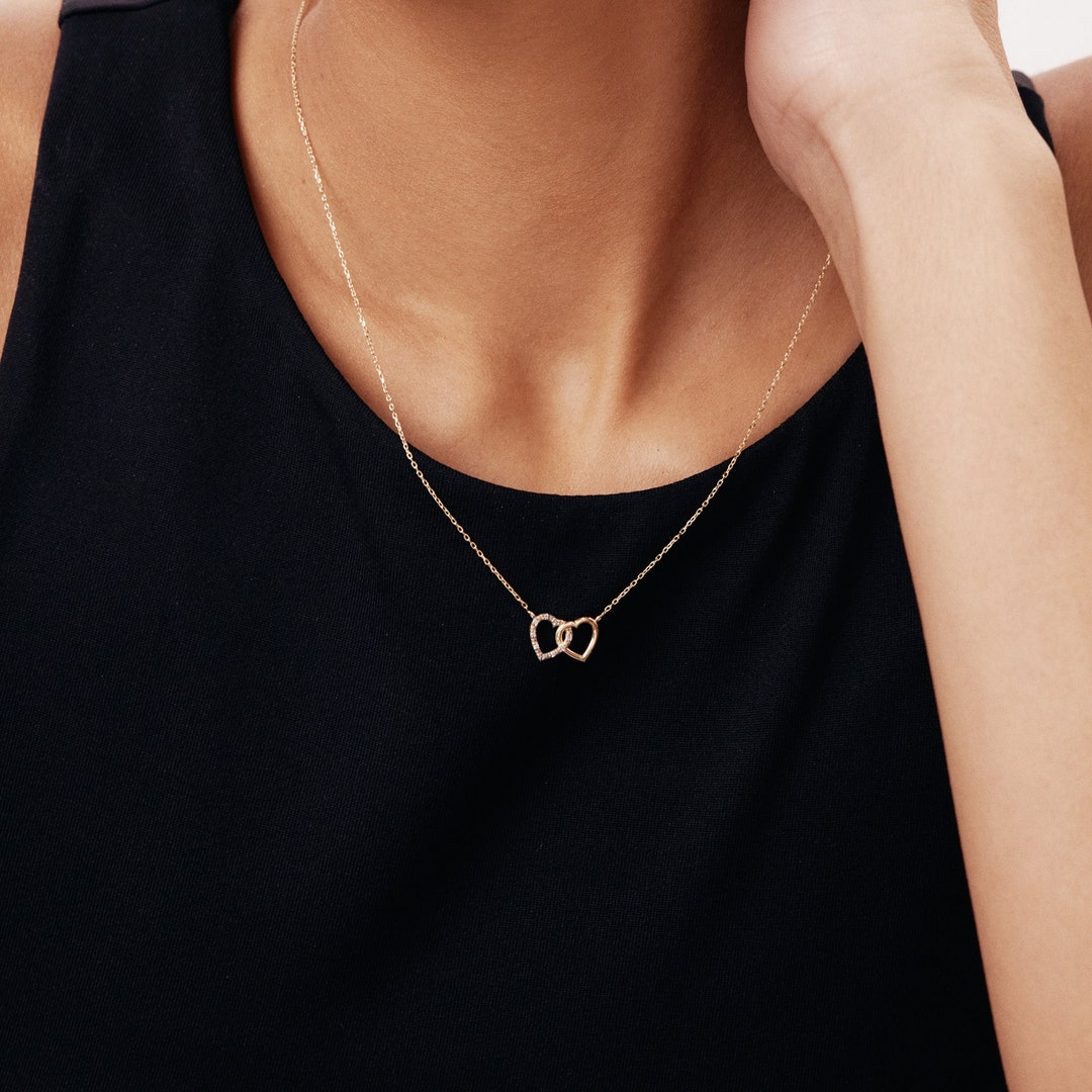 14K Solid Yellow Gold Double Heart Necklace - Love Pendant Charm, Gift Box Included, Lifetime Warranty - View #7