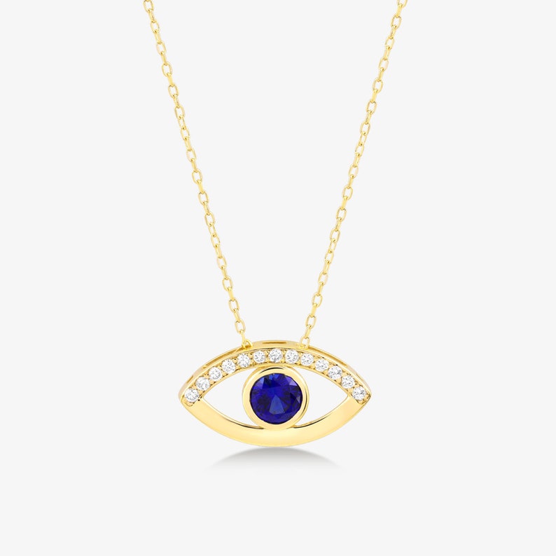 14k Diamond Evil Eye Necklace Sapphire Necklace for Women Mother's Day Gift Evil Eye Pendant Diamond Necklace Hamsa Necklace image 6