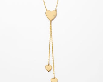 14K Gold Diamond Heart Drop Y-Necklace / Heart Lariat Necklace for Women / Triple Heart Necklace / Anniversary Gift