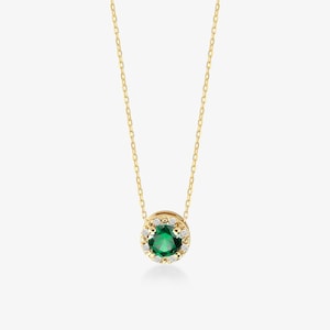 Diamond Emerald Necklace: 14k Solid Gold Emerald Halo Necklace for Women