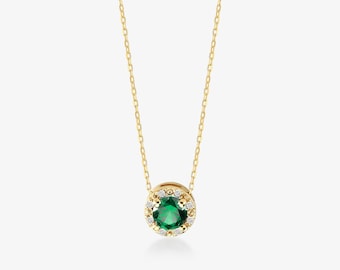 Diamond Emerald Necklace: 14k Solid Gold Emerald Halo Necklace for Women