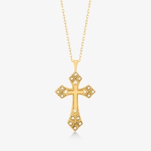 Dainty Diamond Cross Necklace: 14k Solid Gold Religious Pendant