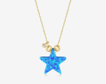 14K Solid Gold Blue Opal Star Necklace for Women | Celestial Pendant Necklace | 14K Real Gold Jewelry | Diamond Star Necklace | Gift for Her