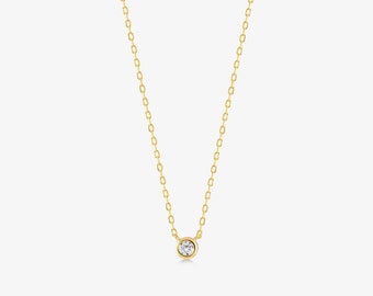 14K Gold Diamond Solitaire Necklace / Bezel-Set Diamond Pendant / Floating Diamond Necklace / Layering Necklace / Bridesmaid Gift
