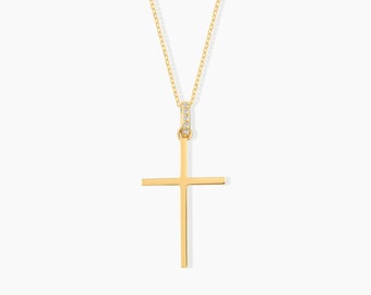 Slim Cross Necklace in 14k or 10k Solid Gold: Dainty Diamond Bail Minimalist Religious Pendant Necklace for Women