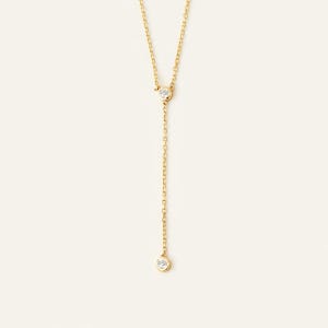 14K Solid Gold Diamond Lariat Y Necklace: Dainty Bezel Drop Pendant for Women