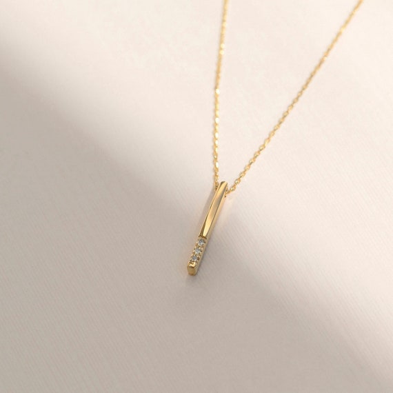 14k Gold Diamond Vertical Bar Necklace Real Diamond Bar - Etsy
