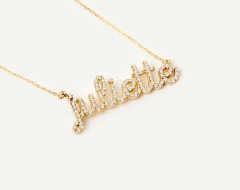 14k Solid Gold Diamond Name Necklace: Personalized Pave Script Nameplate Jewelry