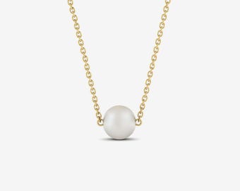 14k Gold Solitaire Pearl Necklace | Dainty Floating Chain Jewelry