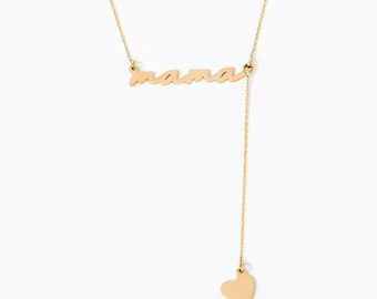 14K Solid Gold Mama Heart Lariat Necklace | Dainty Y-Chain Jewelry for Women