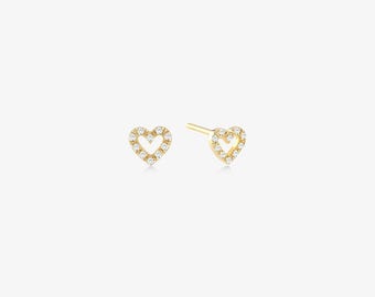 14K Solid Gold Diamond Heart Stud Earrings, Dainty Everyday Fine Jewelry