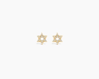 Dainty Diamond Star of David Stud Earrings in 14K Solid Gold