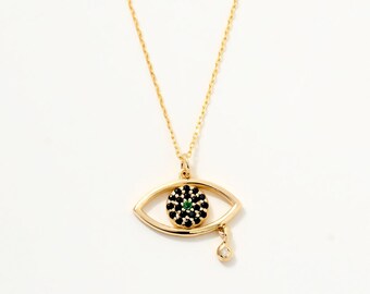 14K Gold Evil Eye Necklace with Drop CZ Pendant | Protection Good Luck Charm