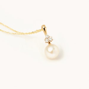 Diamond and Pearl Necklace | 14k Solid Gold Pearl Necklace for Women | Genuine Pearl Necklace | Bridesmaid Gift