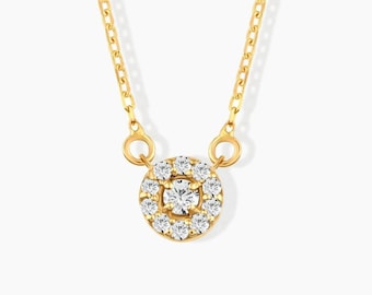 Diamond Halo Pendant: Dainty Gold Cluster Necklace (14K Solid)