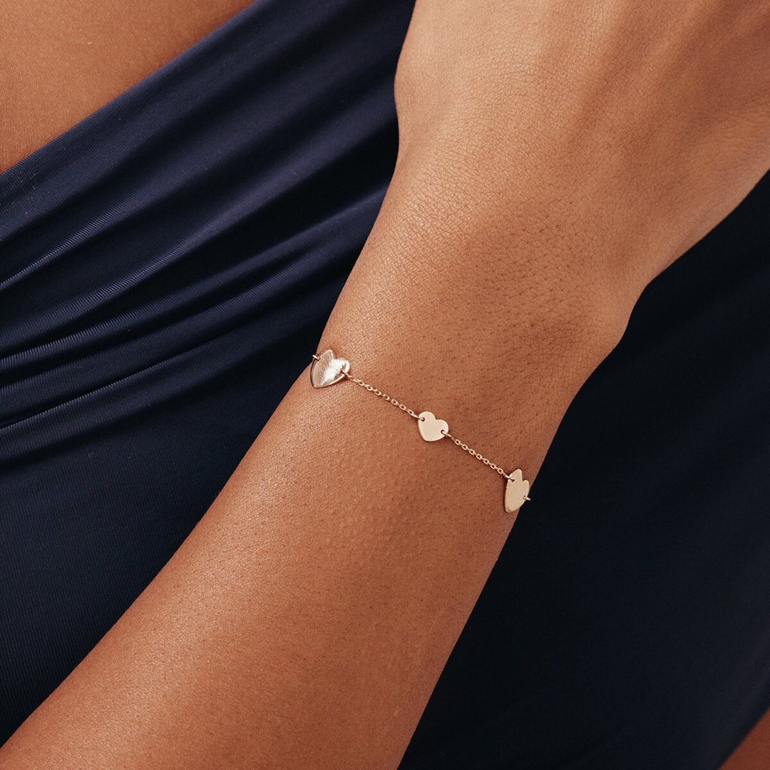 14K Solid Gold Heart Station Bracelet 14K Gold Heart Bracelet Dainty