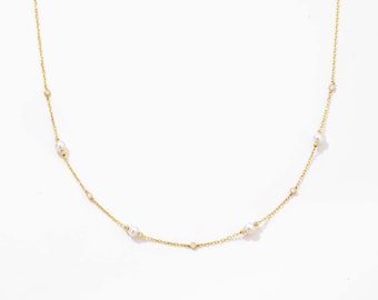 Diamond and Pearl Necklace / 14k Gold Diamond and Pearl by the Yard Necklace /Dainty Pearl Drop Necklace