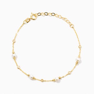 14K Solid Gold Pearl Station Bracelet: Diamond by the Yard Bracelet for Women