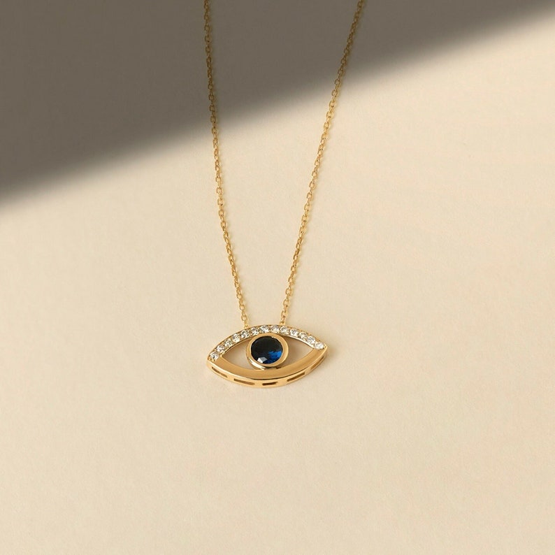 14k Diamond Evil Eye Necklace Sapphire Necklace for Women Mother's Day Gift Evil Eye Pendant Diamond Necklace Hamsa Necklace image 1