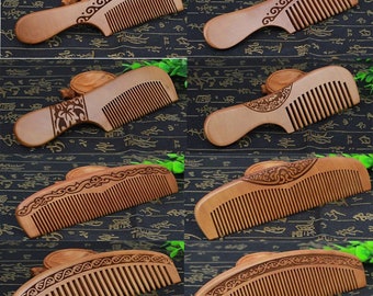 Natural Peach Wood Handcrafted comb Handmade Engraved Wooden Fine Tooth pocket Comb Anti-Static Head Massage Classic Hair Beard Styling Care