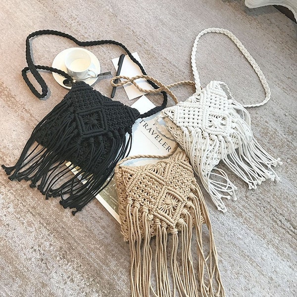 Casual Handmade Crochet Braid Fringed Bags Fashion Women Ladies Tassel Knitted Crossbody Bags Handbag Beach Bohemian Shoulder Messenger Bag