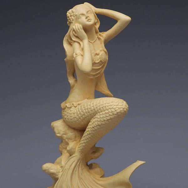 Wooden Handmade Mermaid Statue Sculpture Figurine Modern Art Deco Box wood Carving Miniature Crafts Home Table Decoration Ornament Gift