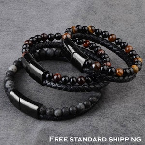 Fashion Men Tiger eye Bracelet Jewelry Natural Stone Bead Genuine Leather Braided Black Stainless Steel Magnetic Clasp Punk Lava style Gift