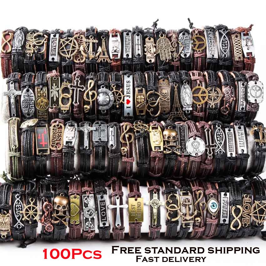 100pcs Genuine Leather Bracelets Jewelry Men Women Unisex Vintage