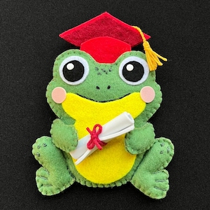 Könnte beinhalten: Eine grüne Froschfigur aus Filz, die einen roten Abschluss-Hut mit gelber Quaste trägt. Der Frosch hat große schwarz-weiße Augen, rosa Wangen und einen gelben Bauch. Er hält ein aufgerolltes Diplom, das mit einem roten Band gebunden ist.