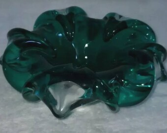 Vintage Murano Original MCM Green and Clear Free Form Bowl