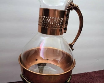 Vintage Copper Carafe Corning Copper and Glass Coffee Server w/Warming Stand