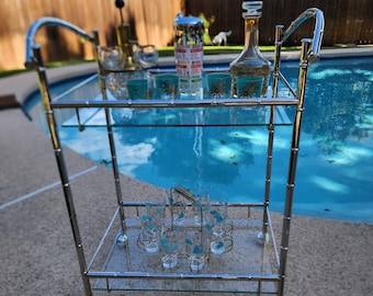 Vintage Italian Faux Bamboo Chrome Bar Cart | MCM Hollywood Regency Drinks Trolley | Shepherd Circa Casters | Professionally Restored