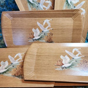 8 Haskelite Coronet Lap trays MCM Retro Buffet Serving Snow Geese Wood Birds 16"