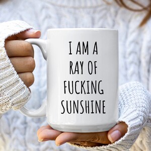 May include: White ceramic coffee mug with black text that reads "I am a ray of fucking sunshine".
