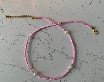 Beaded Choker Necklace - beaded jewellery - beaded choker - pearl jewellery - pink necklace