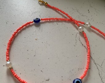 Beaded Choker Necklace - beaded jewellery - beaded choker - evil eye jewellery - pearl jewellery - coral peach necklace