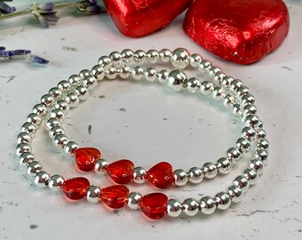 Trio of Hearts Silver Bracelets, Kids and adults sizes available, stretch beaded bracelets, valentines bracelets, valentines jewellery...