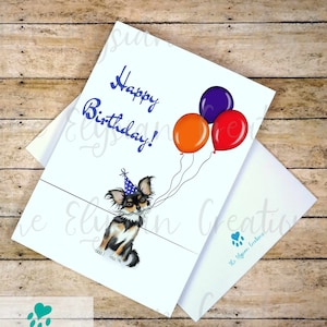 Custom Long Hair Chihuahua Birthday Card, Chihuahua with Balloons and Wearing a Birthday Hat, Personalized Card Message