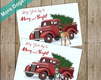 Farmhouse Great Dane Christmas Card, Rustic Holiday Card, Snow Card, Countryside Card, Classic Vintage Red Truck