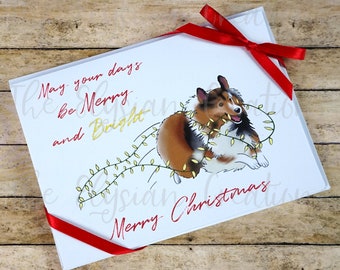 Sheltie Christmas Card Set, Merry and Bright Card,  Holliday Card,  Merry Christmas, Shetland Sheepdog card, Rough Collie