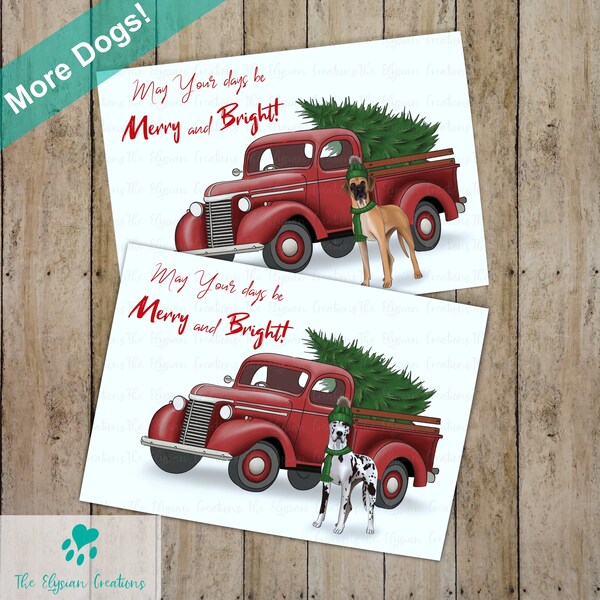 Farmhouse Great Dane Christmas Card, Rustic Holiday Card, Snow Card, Countryside Card, Classic Vintage Red Truck