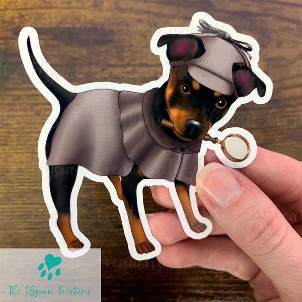 Min Pin Detective Sticker, Water Proof Sticker, Funny Dog Sticker, Water Bottle Sticker, Halloween Mini Doberman Pincher Stickers