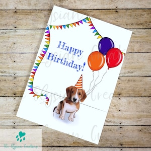Custom Puppy Beagle Birthday Card, Puppy with Balloons Birthday Card, Personalized Card Message