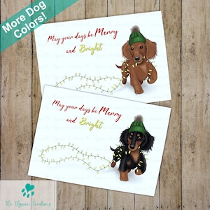 Longhair Dachshund Christmas Card, Wiener Dog, Merry Christmas, Cream Doxie, Red Weenie Dog, Black and Tan Sausage Dog