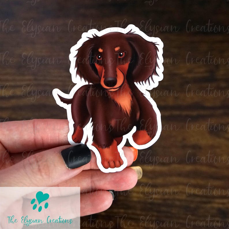 May include: A brown and black dachshund dog cartoon sticker. The dog is standing on all four legs with its head tilted to the side. The sticker is on a wooden background.