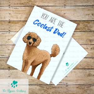 Caniche standard avec lunettes de soleil carte de fête des pères, carte de fête des pères chien, carte papa numéro 1, caniche brun, caniche blanc, caniche noir, gris
