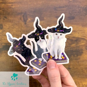 Cat Halloween Sticker, Witch Cat Water Proof Sticker, Cat Sticker, Water Bottle Sticker, Black, White, Tuxedo, Holographic Star Sticker