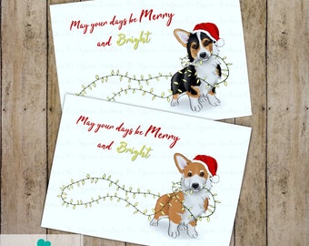 Corgi Christmas Card, Merry and Bright Card, Hand Made Christmas Card, Merry Christmas, Snow Card, Tricolor Corgi