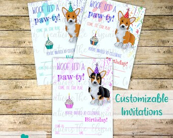 Corgi Kids Party Invitations Set of 10 or 20, Party Invites, Dog Birthday Party Themed Cards, Birthday Invitations, Welsh Corgi