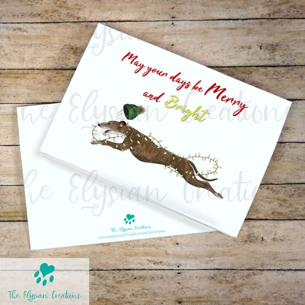 Greyhound Christmas Card, May Your Days Be Merry and Bright, Merry Christmas, Christmas Lights, Funny Dog Christmas Card, Brindle Greyhound